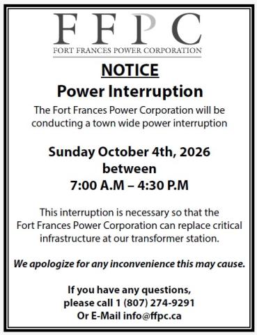 Notice of Power Interruption Sunday October 4th from 7:00 AM to 4:30 PM